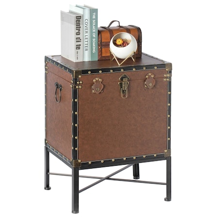 Vintiquewise Brown and Black Trimmed Faux Leather Lockable Square Lined Storage Trunk, End Table on Metal Stand QI003796.BN